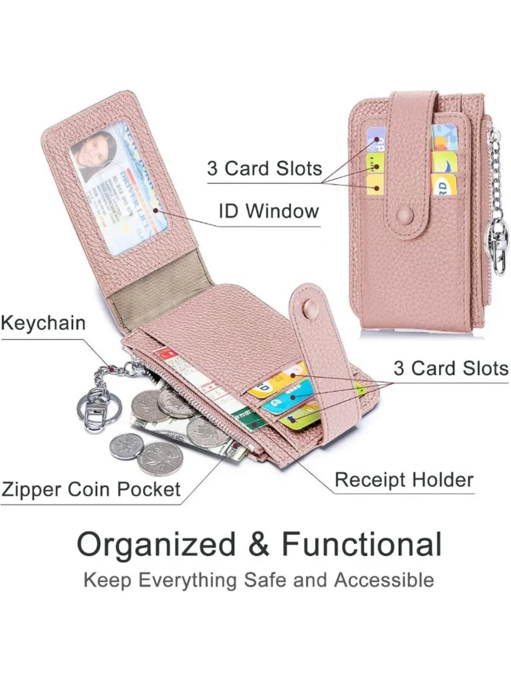 Chic Mini Leather Wallet for Women - 6 Card Slots, ID Window & Zipper Pocket